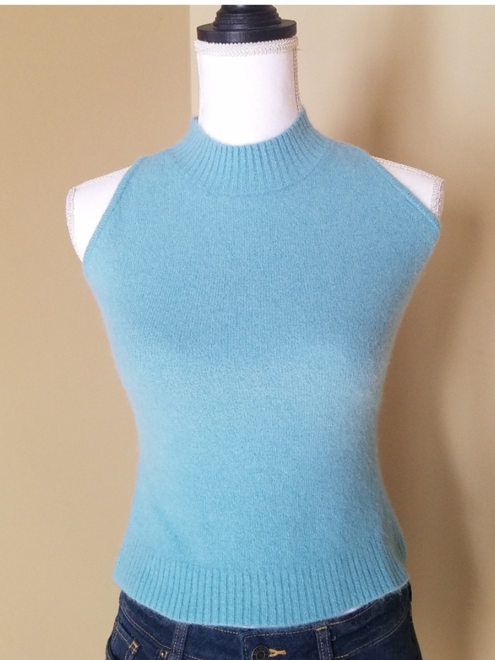 Wool Fitted Sleeveless Mock Turtleneck Sweater from Italy - Baby Blue